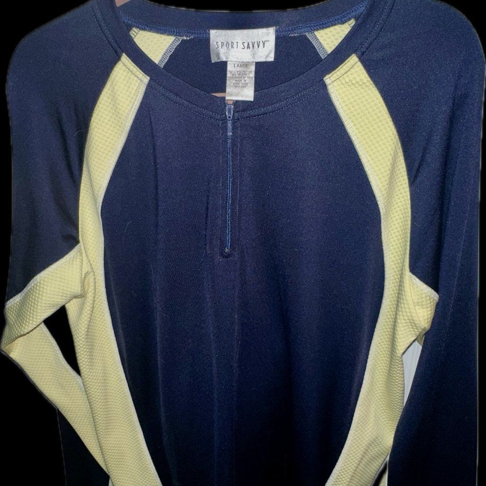 QVC women sz L Sport Savvy LuxDri color block top blue yellow sport 1/4 Zip nwot